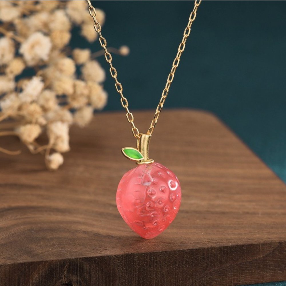 Natural Jade Agate Jewelry Strawberry Pendant With Chain Necklace 24K Gold Plate